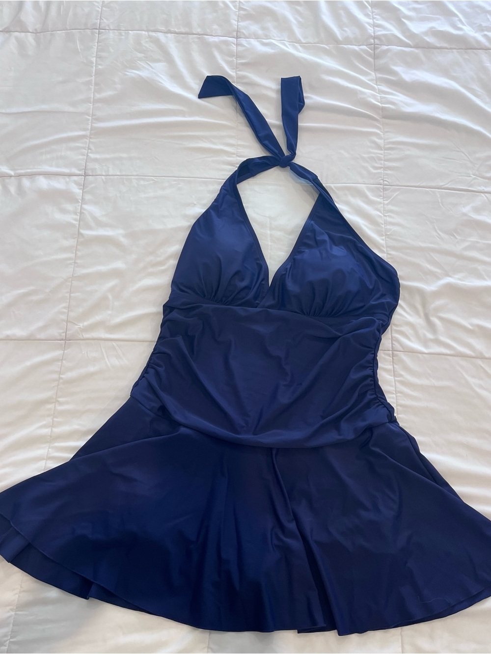 Shekini One Piece Ruched Swimsuit XXL Swimdress Navy Blue Padded Skirt Halter